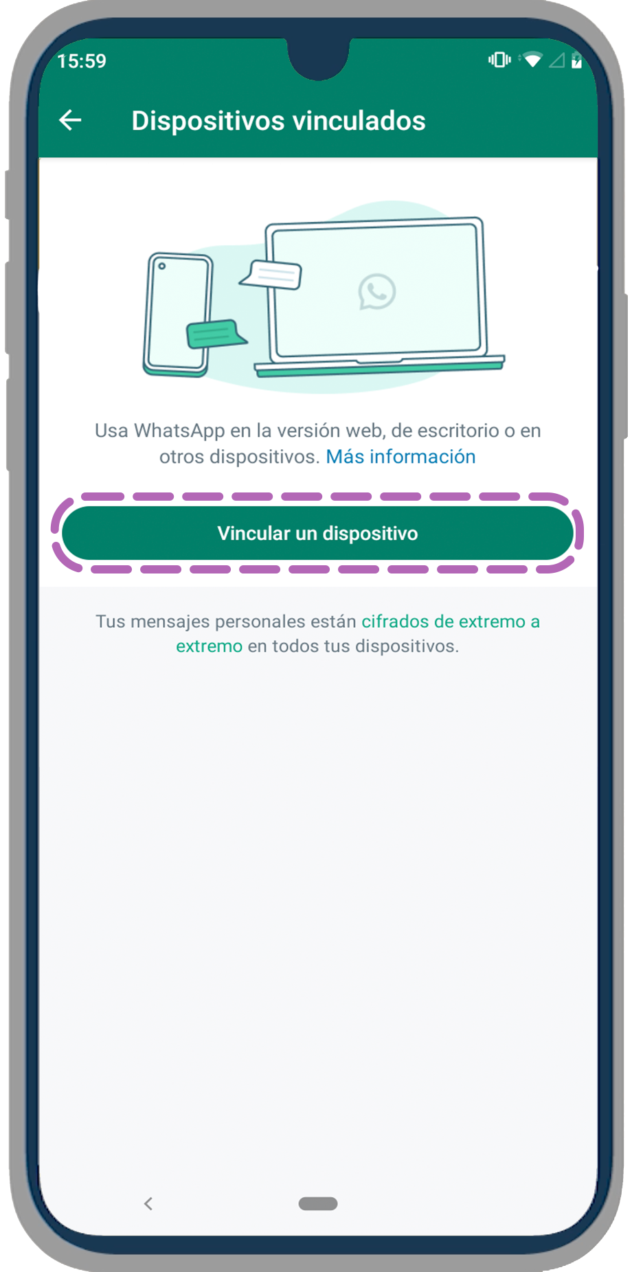 Ahora, selecciona la opción Vincular un dispositivo y escanea con tu celular el código QR que aparece en la página de WhatsApp Web.