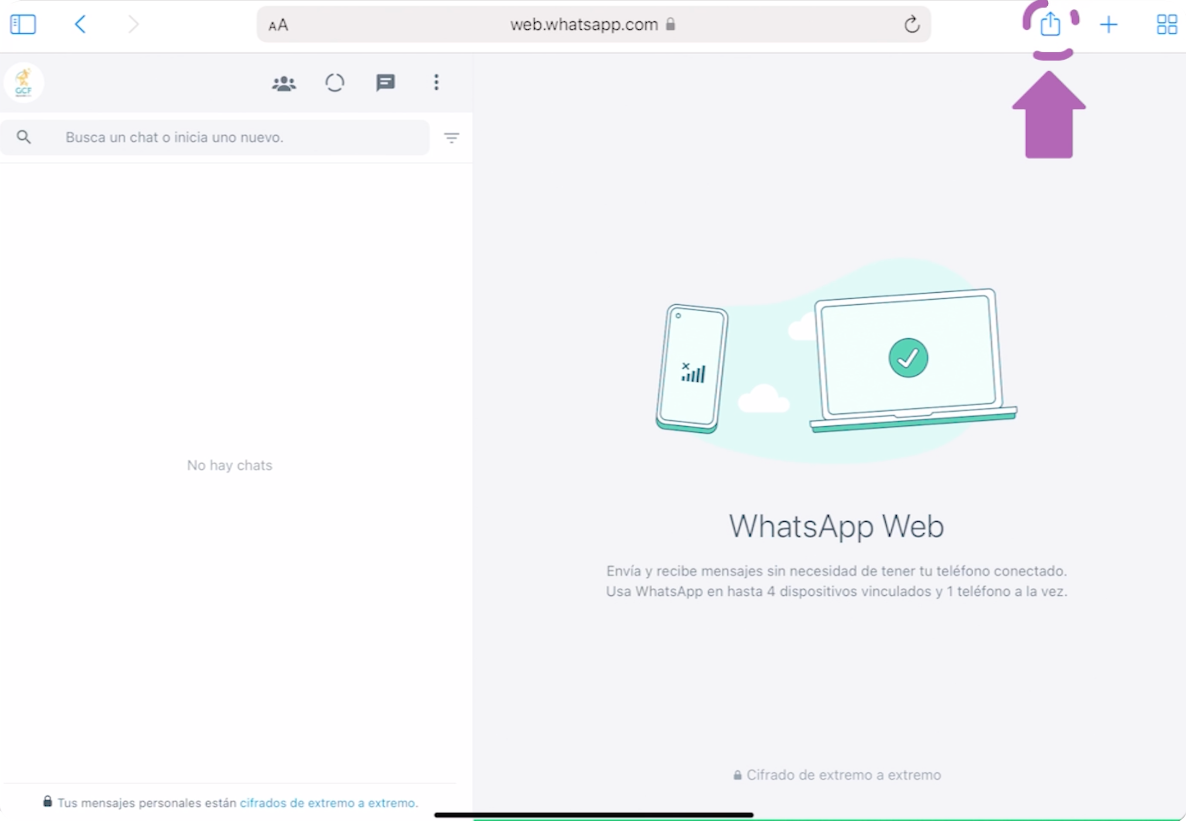 Si deseas tener el ícono de WhatsApp en la pantalla de inicio de tu iPad como si fuera una app, pulsa en el botón de compartir de tu navegador. 