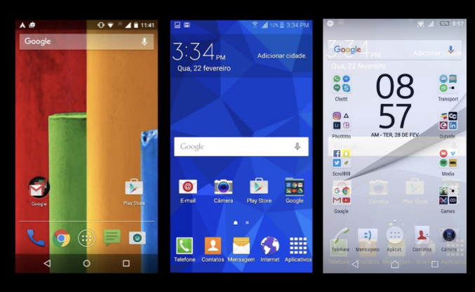 Exemplo de imagens de telas iniciais de diferentes computadores com o sistema operacional Android.