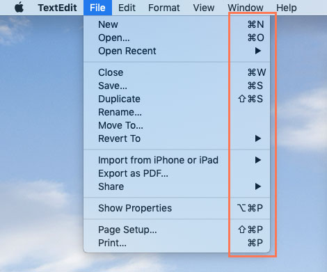 screenshot of various shortcuts available in a File menu