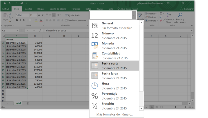 Imagen ejemplo de la opción Formato de fecha en Excel.