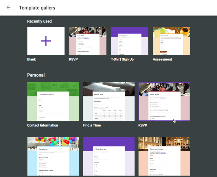 the google forms template gallery