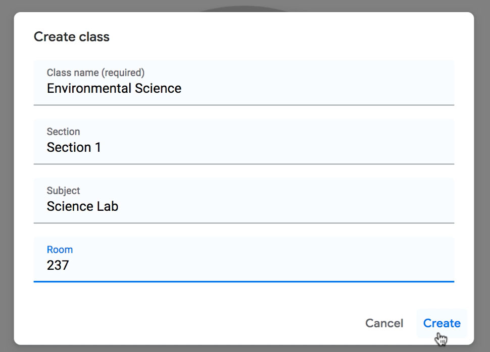 Typing a Section, Subject, and Room name, then clicking Create