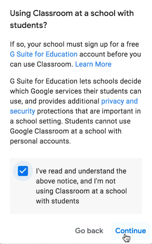 clicking continue at end of G Suite for Education message