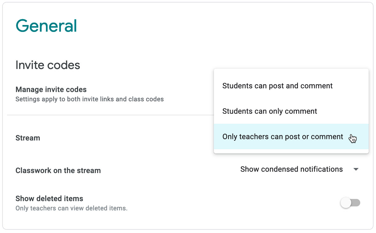 selecting only teachers can post or comment