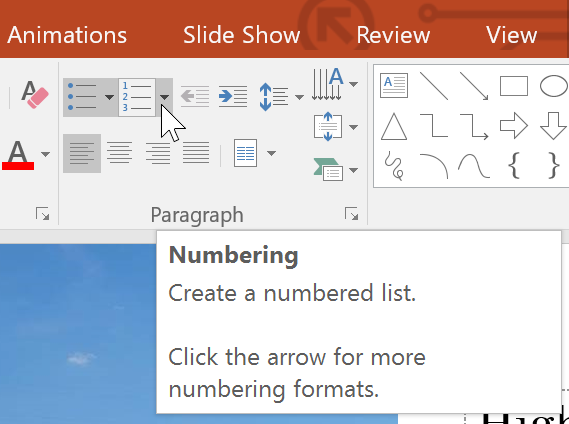 clicking the Numbering drop-down arrow