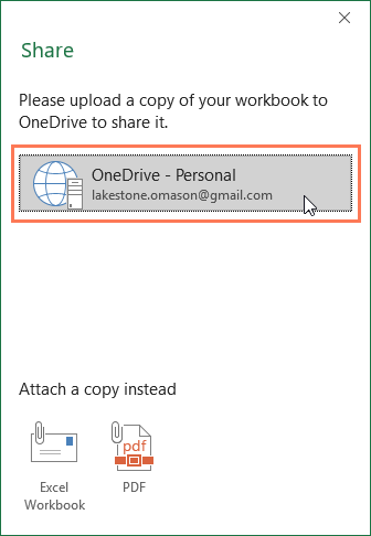screenshot of selecting the OneDrive option in the Share menu