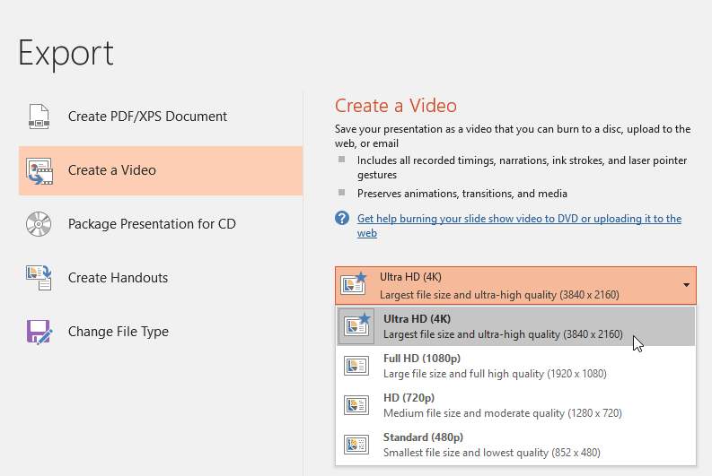 screenshot of exporting a presentation as a 4K video
