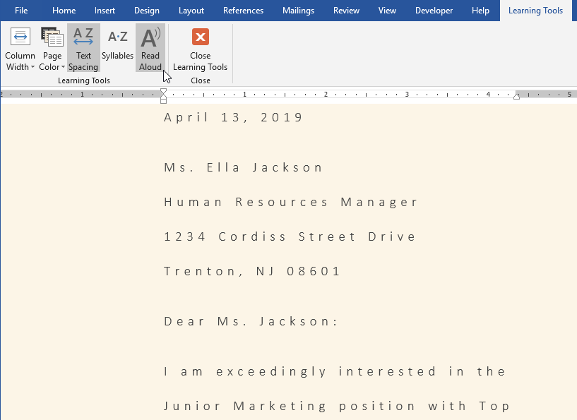 screenshot of Word 2019's Learning Tools function in use