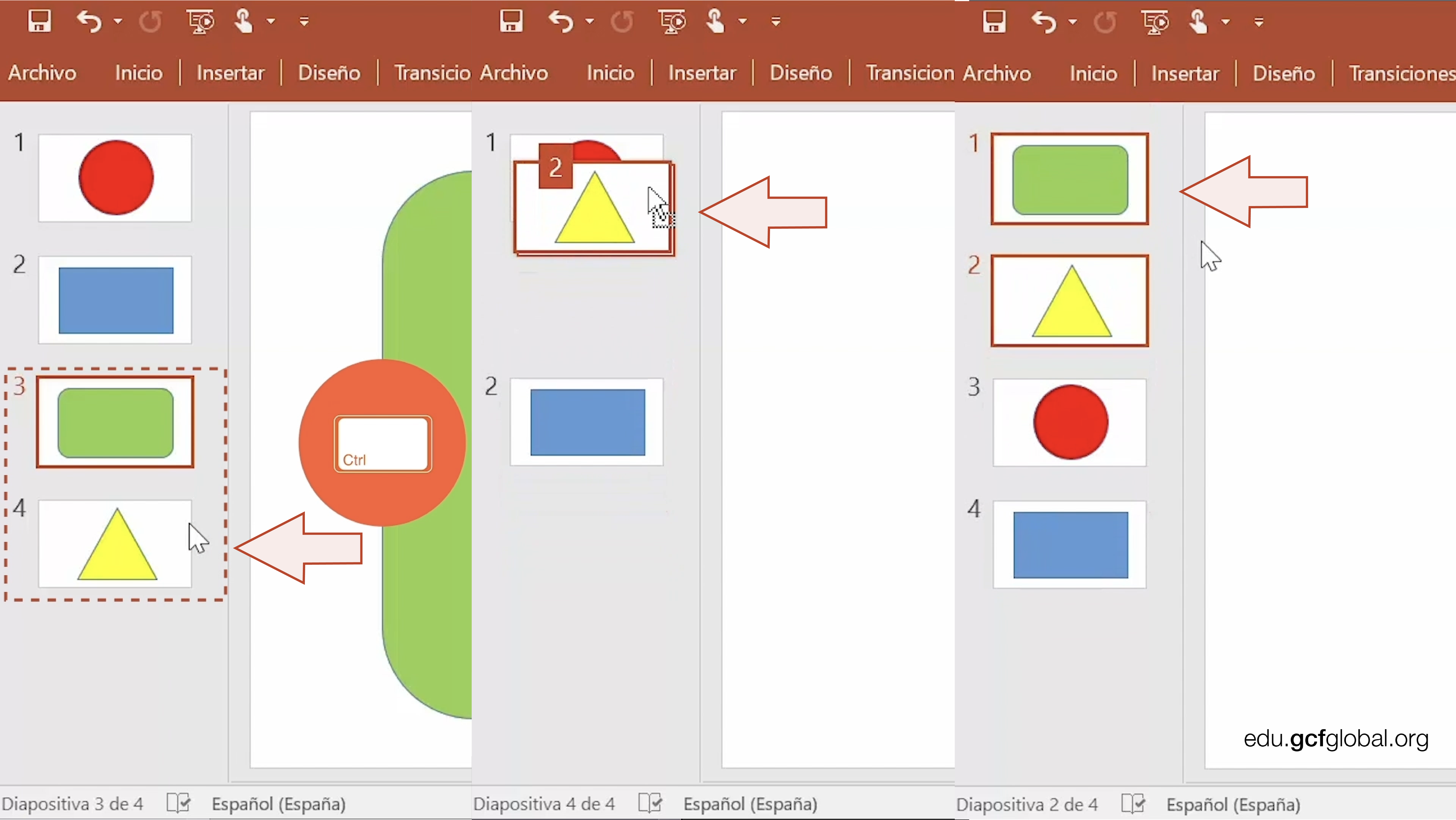 Capturas de pantalla de programa PowerPoint moviendo dos diapositivas en una presentación.