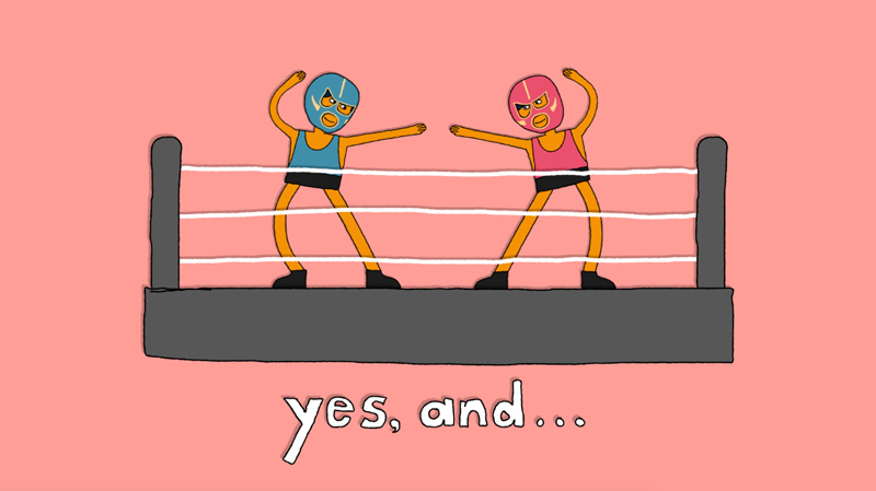 illustration of identical twins dressed as professional wrestlers with the phrase "yes, and..." below them