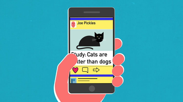 illustration of a hand holding a smartphone displaying an article that reads, "Study: Cats are better than dogs"