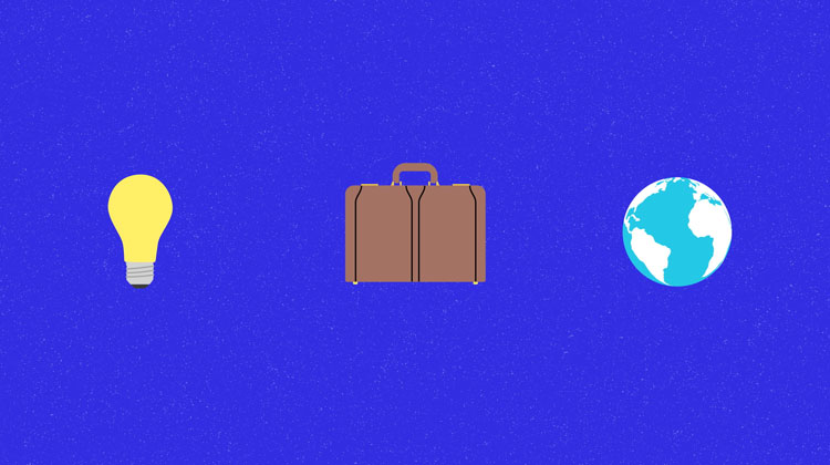 illustration of a lightbulb, a briefcase, and the world