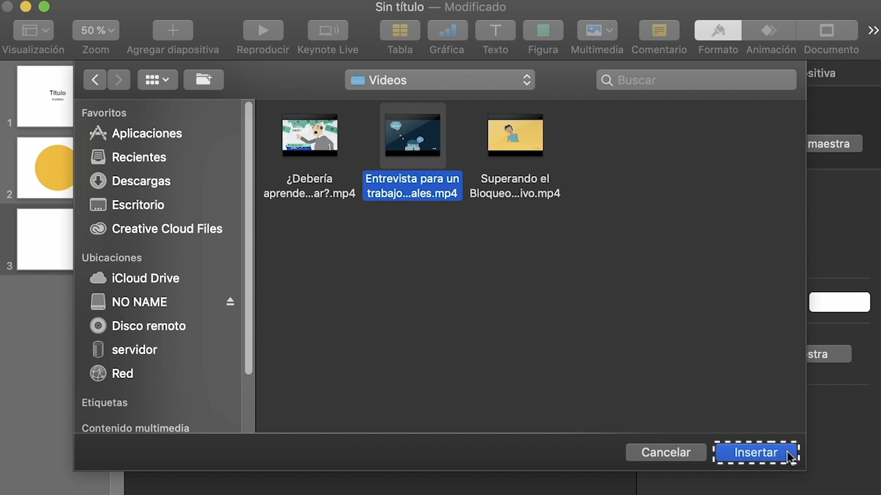 Imagen de Keynote agregando un video desde los archivos del computador.
