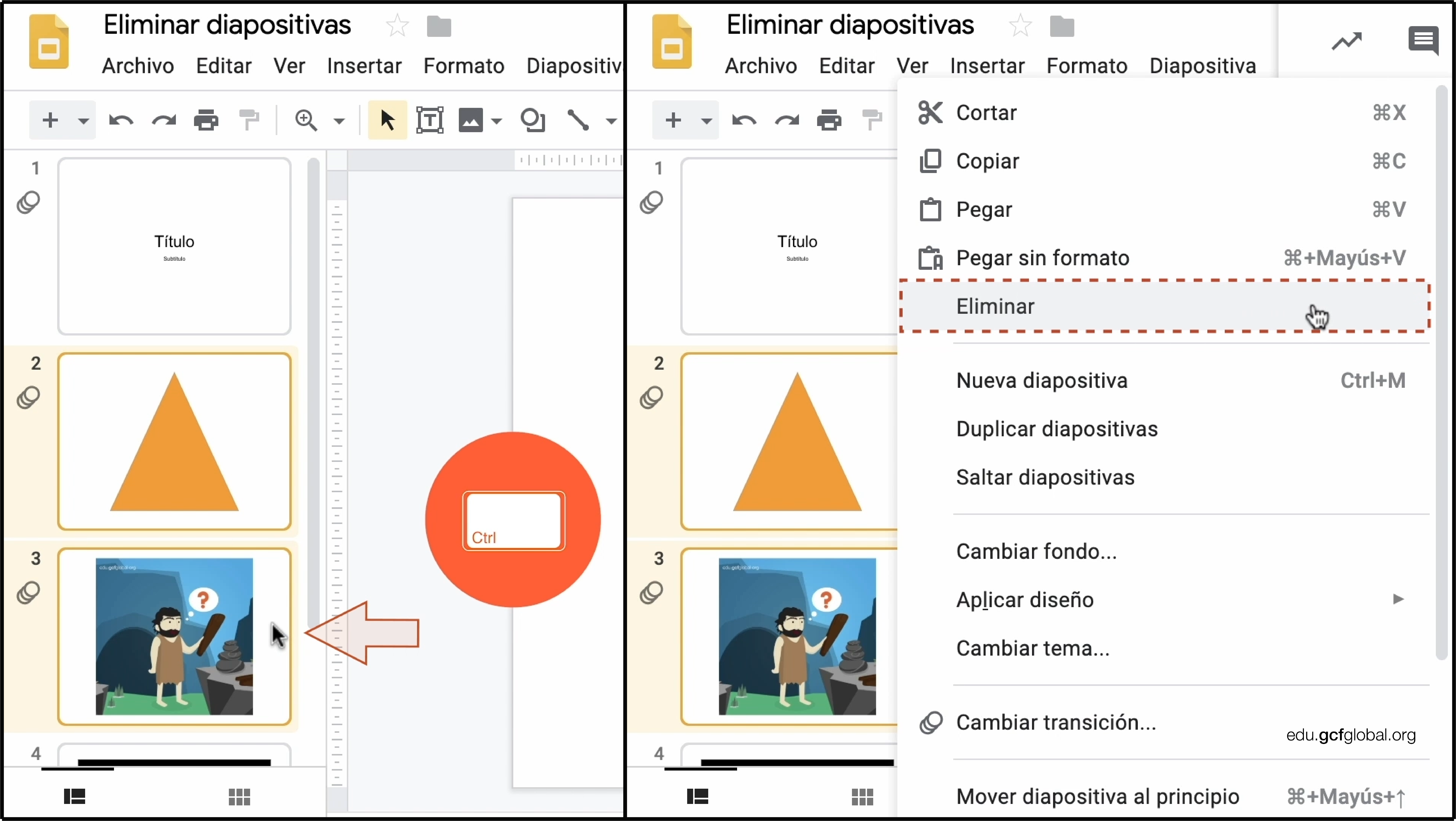 Imagen de programas Powerpoint y Presentaciones de Google eliminando dos o más diapositivas.