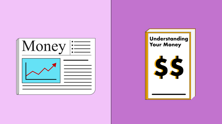 an illustration of a newspaper titled Money and a book titled Understanding Your Money