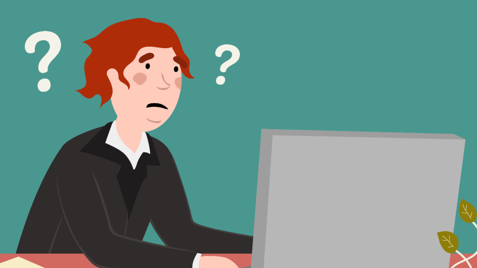 An illustration of a confused man looking at a computer.
