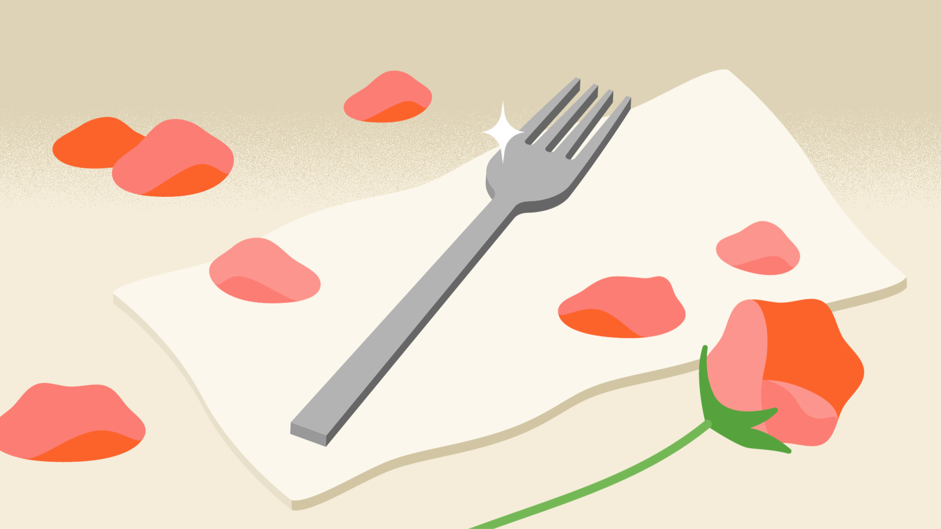 fork surrounded by rose petals