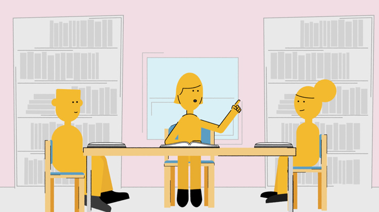 illustration of three students in a library having a study session