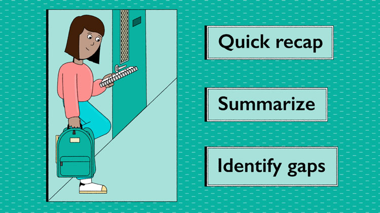 illustration of Maggie reviewing material outside of class with the text "quick recap", "summarize", and "identify gaps" next to her