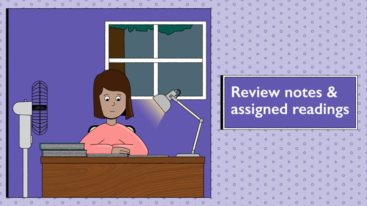 illustration of Maggie studying at her desk with the test "review notes & assigned readings" next to her