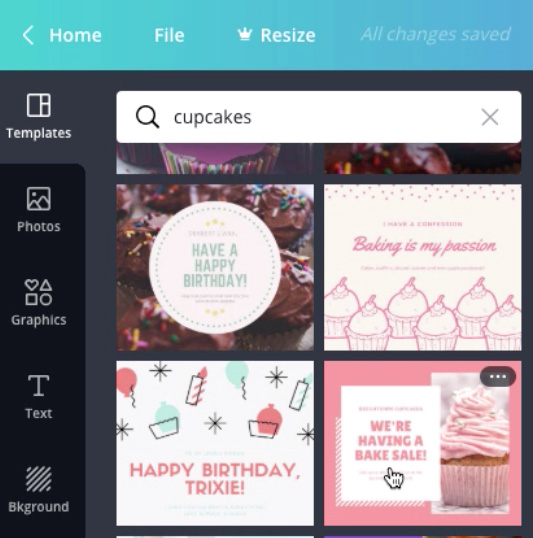 screenshot of "cupcakes" template search