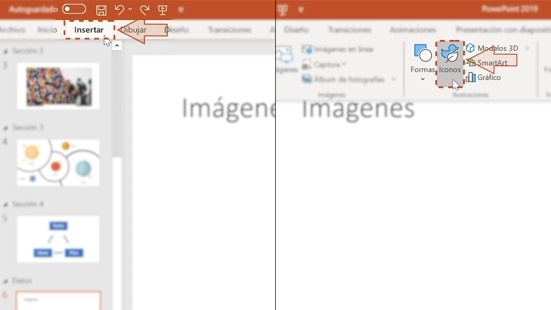 Imagen eligiendo la opción Insertar y luego la opción Iconos. 