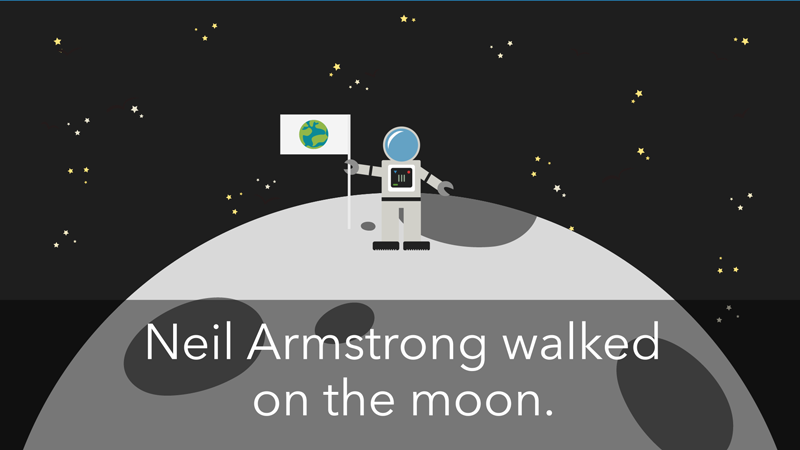 An astronaut stands on the moon, with a caption reading "Neil Armstrong walked on the moon."