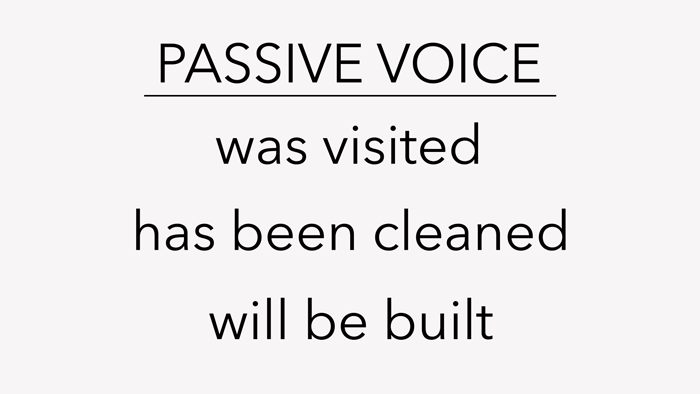 A list titled "Passive Voice", with three examples: "Was visited", "Has been cleaned", and "Will be built".