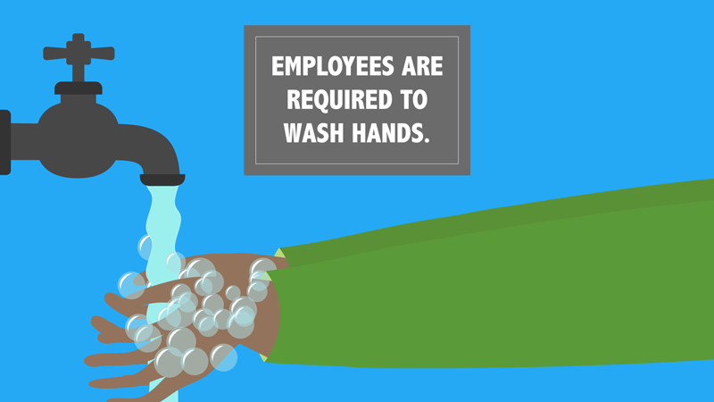 A pair of hands washes underneath a faucet and a sign that reads "Employees are required to wash hands."