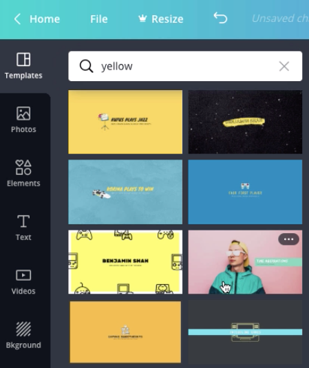 screenshot of "yellow" templates search results