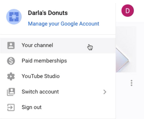 screenshot of YouTube account menu