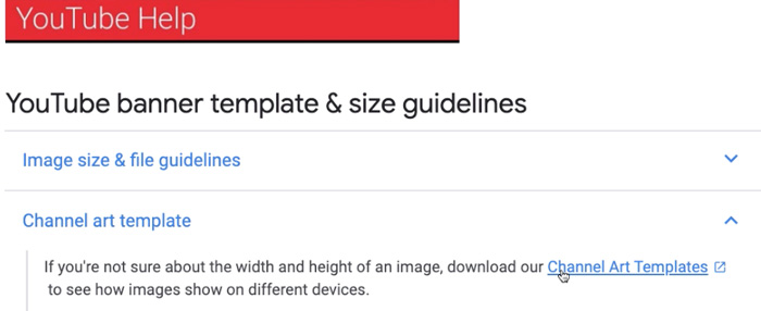 Screenshot of YouTube help page with channel art template
