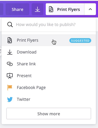 screenshot of "Print Flyers" in drop-down menu