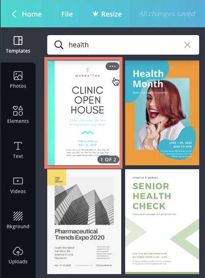 screenshot of "health" template search