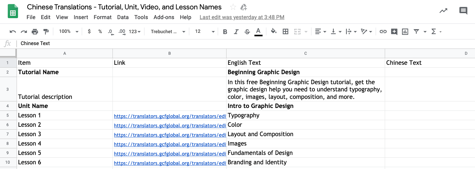 Screenshot of Google Spreadsheet before translations