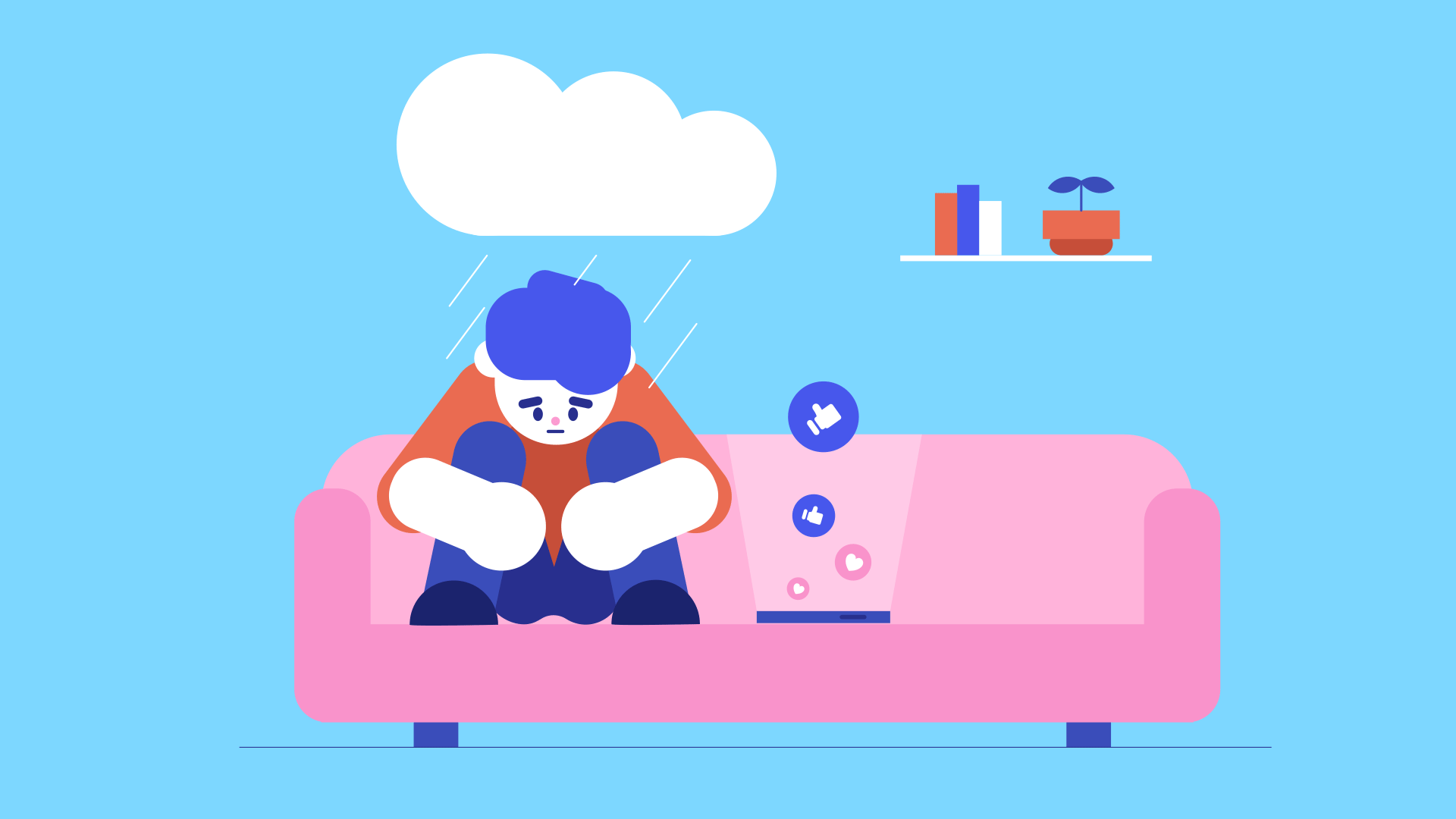 A sad person sits on a couch next to a smartphone, with a small rain cloud above them.