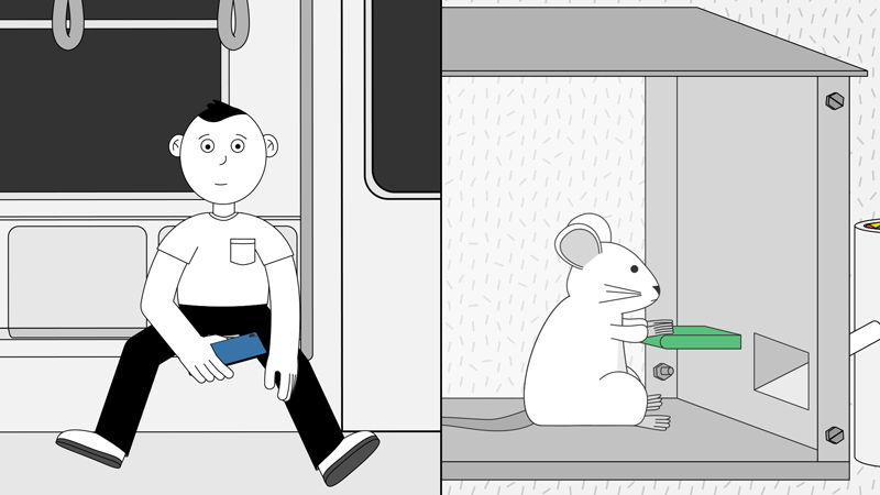 A content man sitting on a subway, not looking at his phone; a mouse pushing the lever, awaiting food