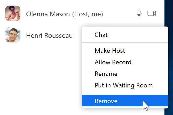 A screenshot of a mouse cursor hovering over the Remove option in the Zoom app.