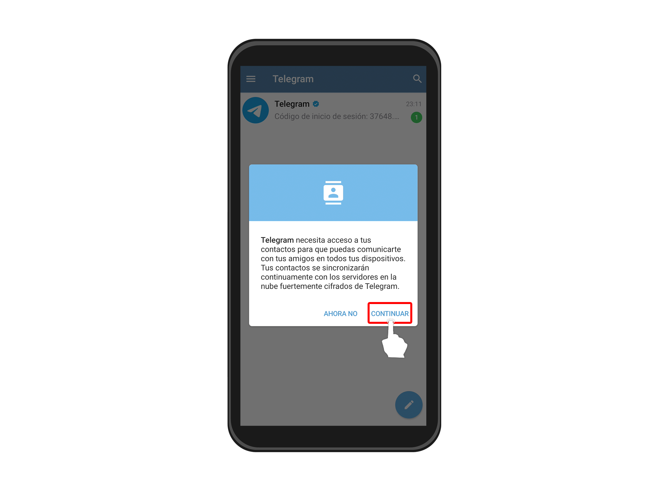 Una vez ingreses a la aplicación, te saldrá un mensaje para darle permiso a la app de sincronizarse con los contactos de tu dispositivo móvil. 