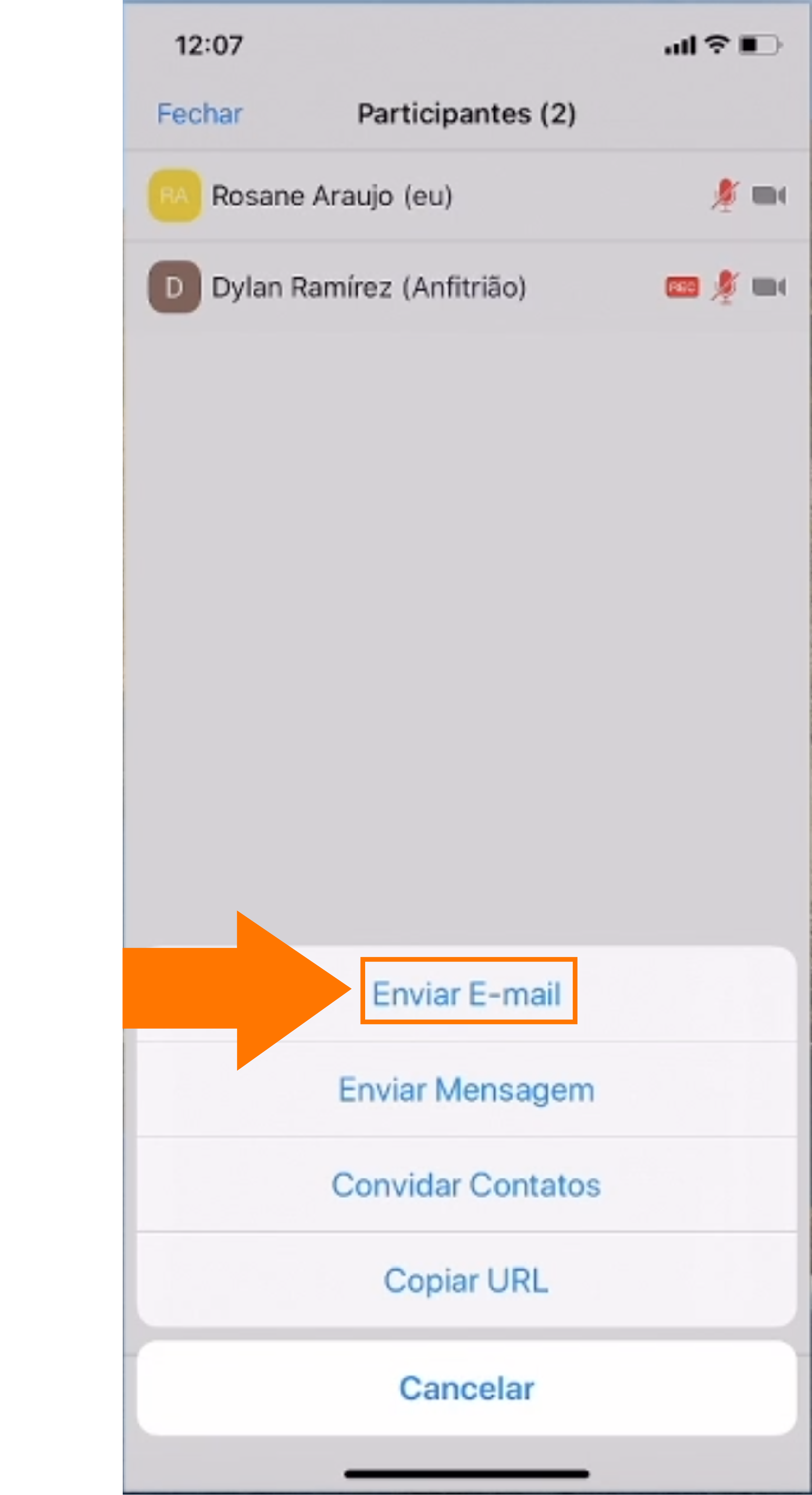 Imagem como convidar uma pessoa por email para uma reunião do Zoom pelo celular