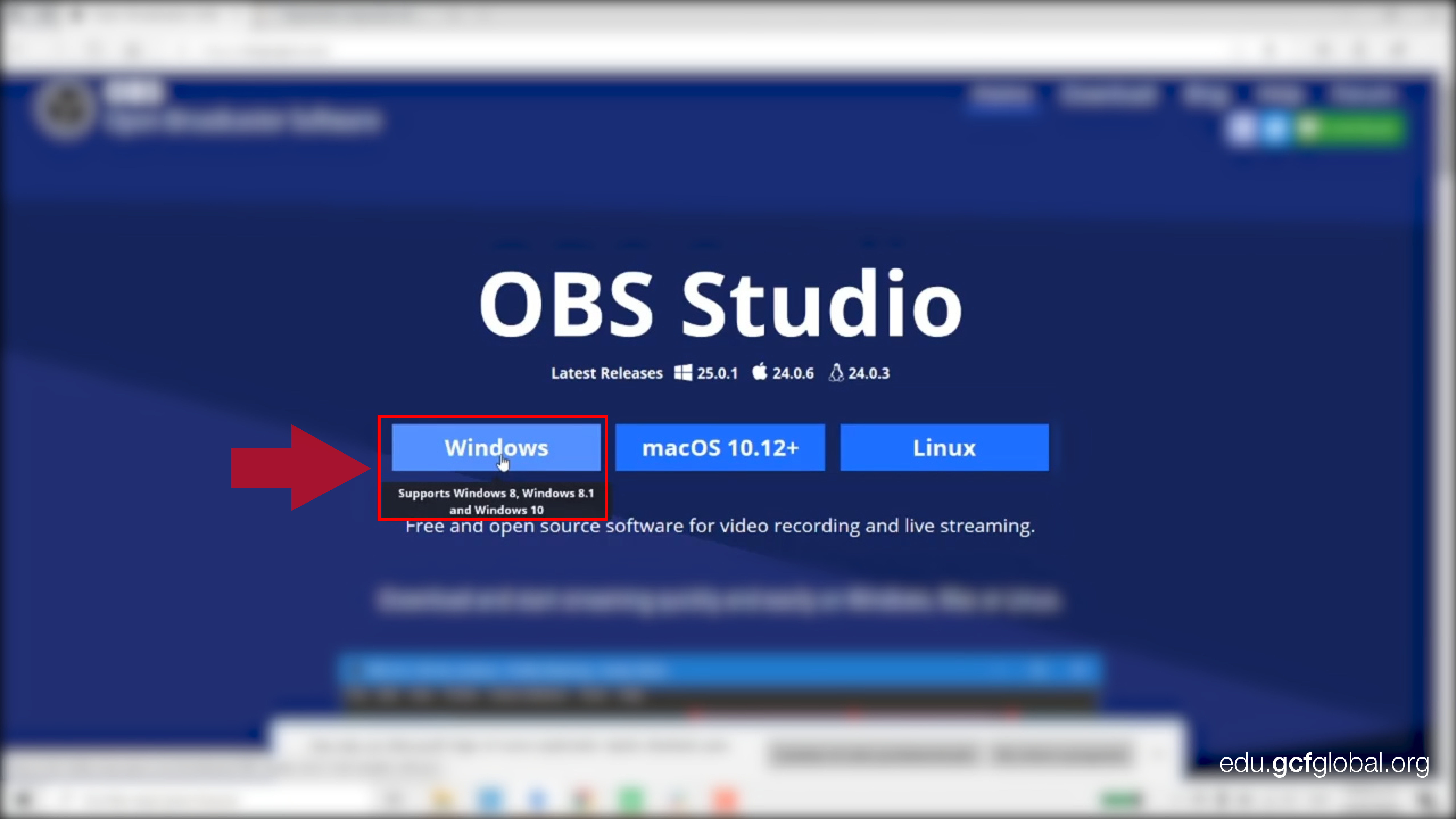 Imagen de página de OBS haciendo descarga para Windows.