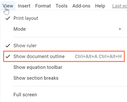 turning on document outline in view menu