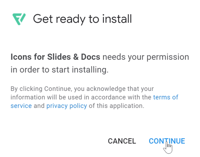 clicking continue to install the addon