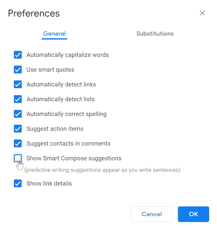 uncheck smart compose suggestions