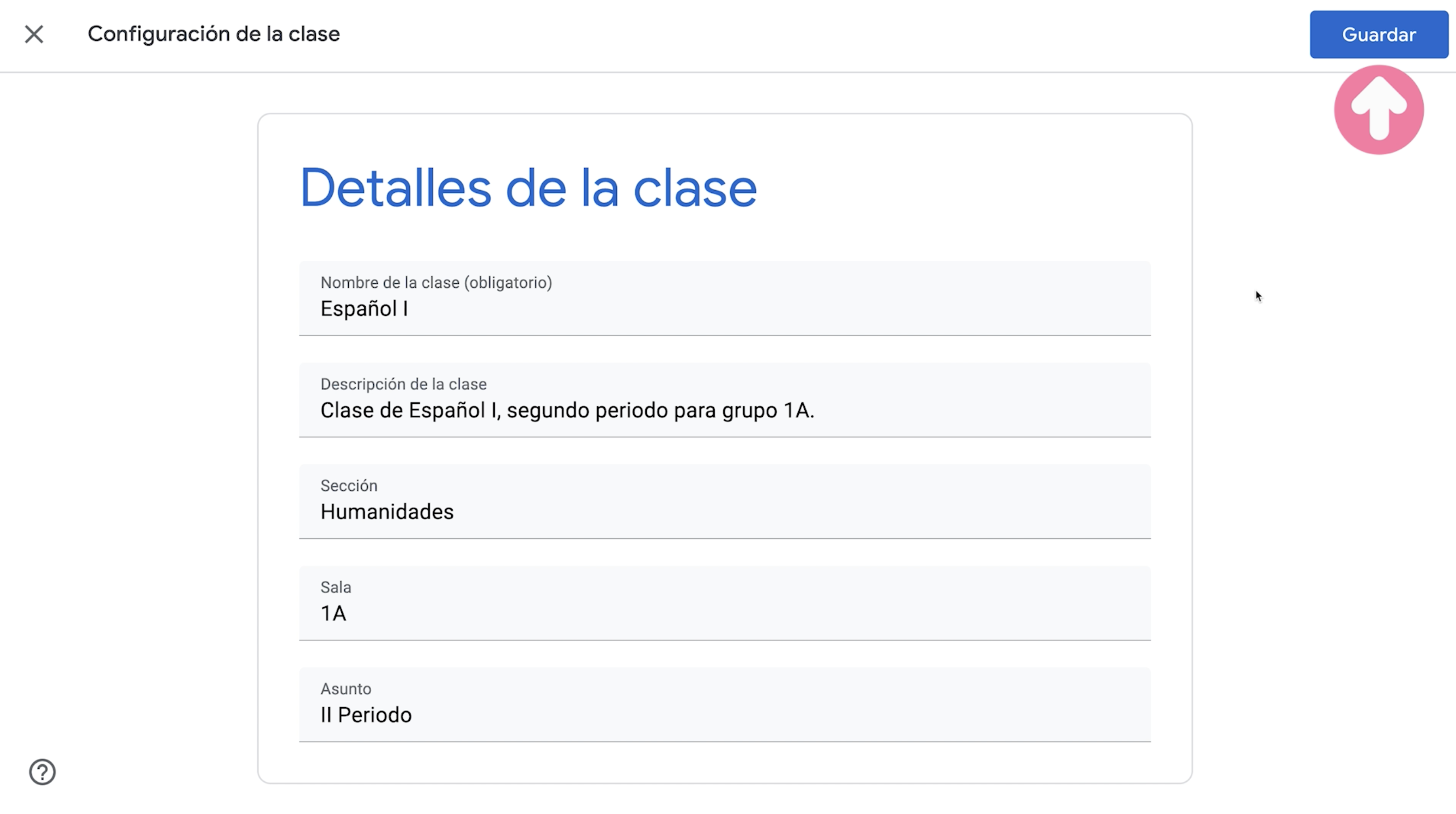 Hacer clic en botón Guardar para mantener los cambios realizados sobre una clase en Google Classroom