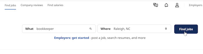 On the Find Jobs screen, a cursor clicks the Find Jobs button. The search terms are "bookkepper" and "Raleigh, NC."