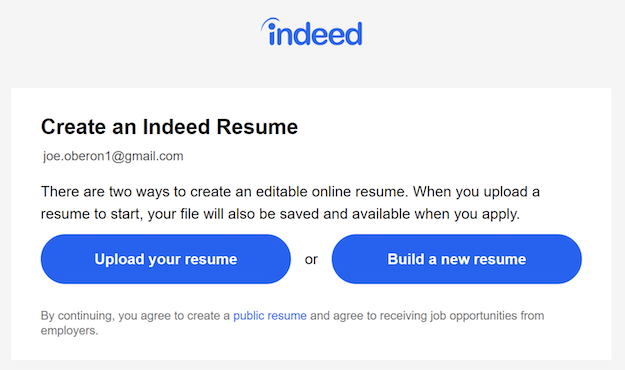 A window that asks whether you want to upload your resume, or build a new resume.