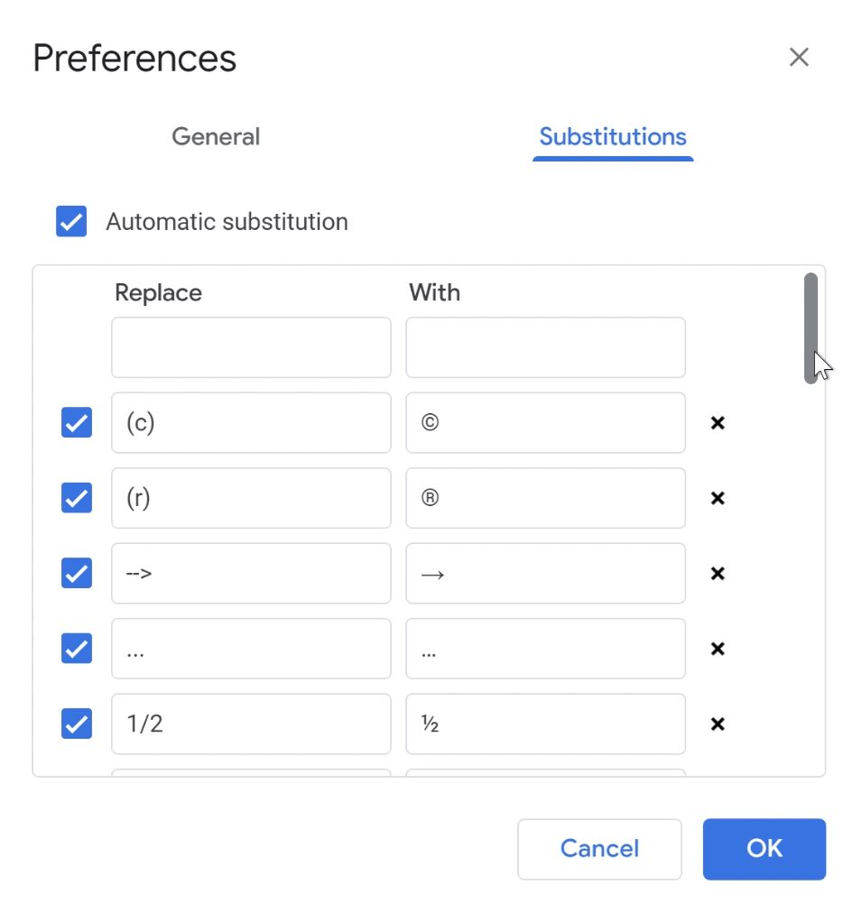 list of substitutions