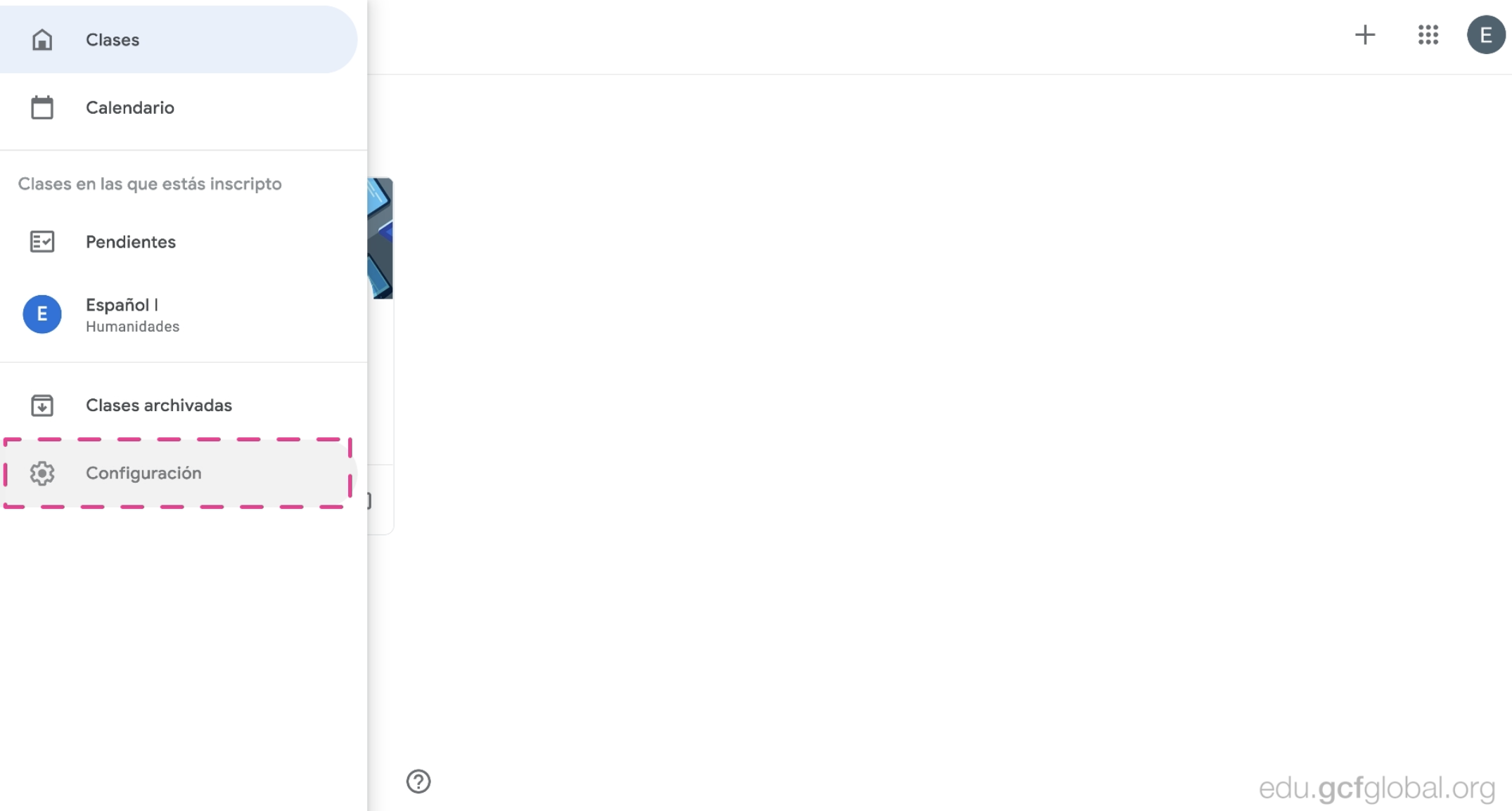 Hacer clic en opción Configuración, desde menú principal de Google Classroom.
